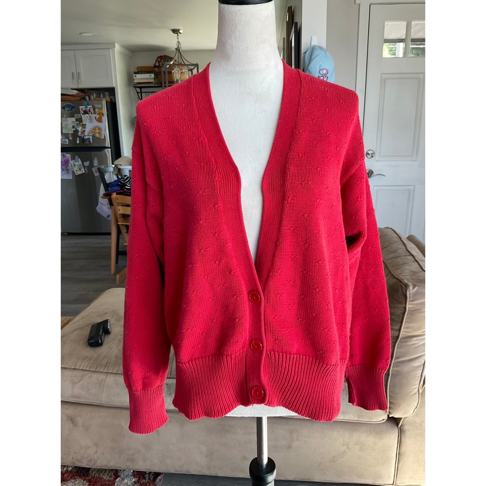 Vintage Essential Elements Red 100% Cotton Knit Cardigan Grandpa Sweater Cozy